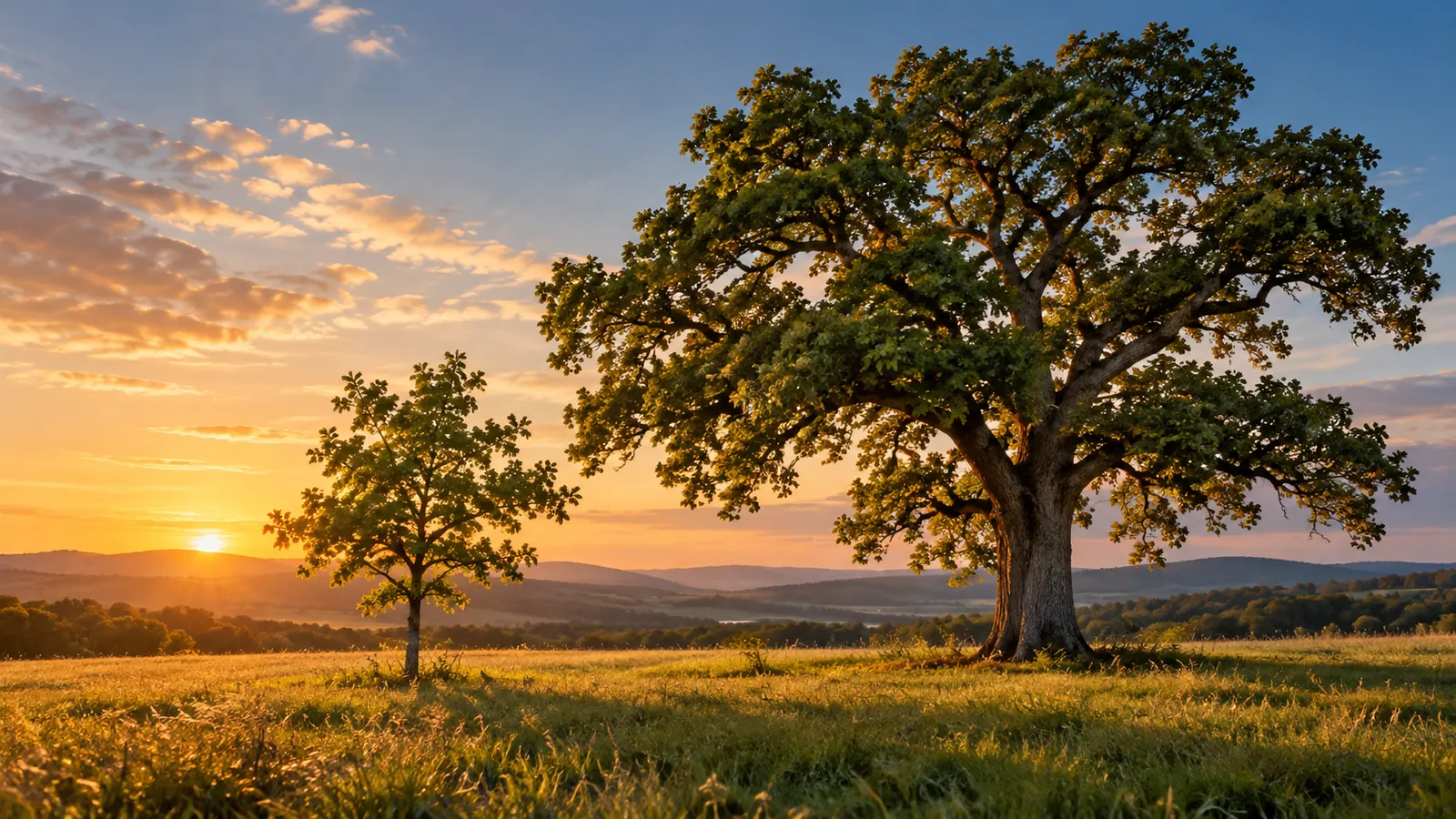 A young oak tree growing in an open field beside an older mature oak, golden hour, wide sky