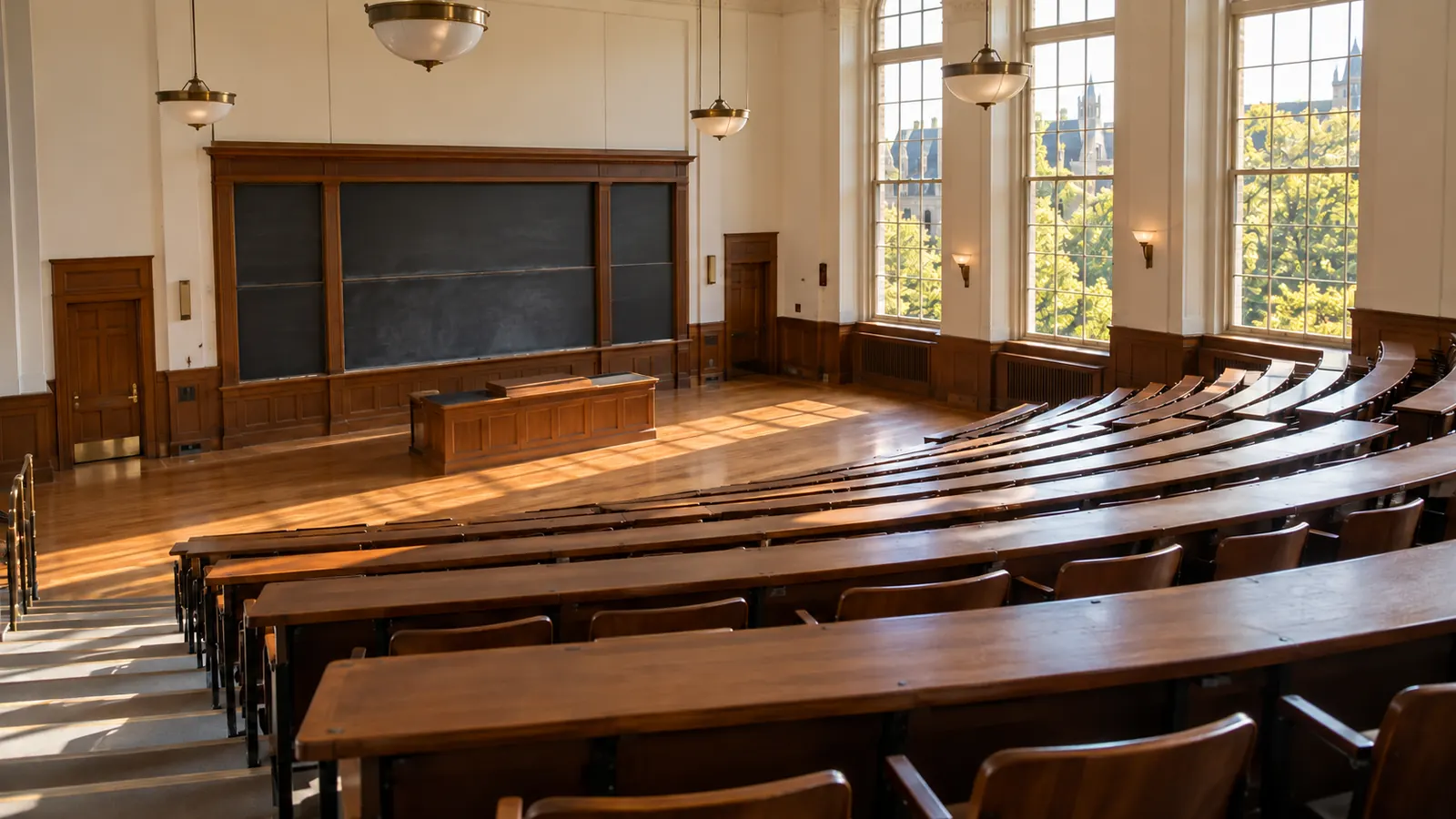 An empty university lecture hall with tiered wooden seats and tall windows, afternoon light