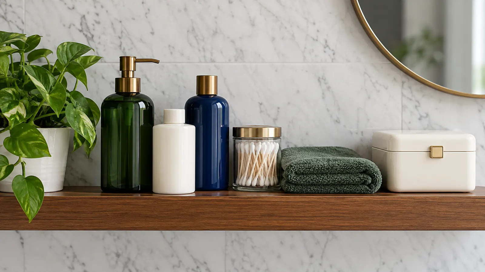 A tidy bathroom shelf with plain unlabeled bottles, a folded towel and a small first aid box with no markings