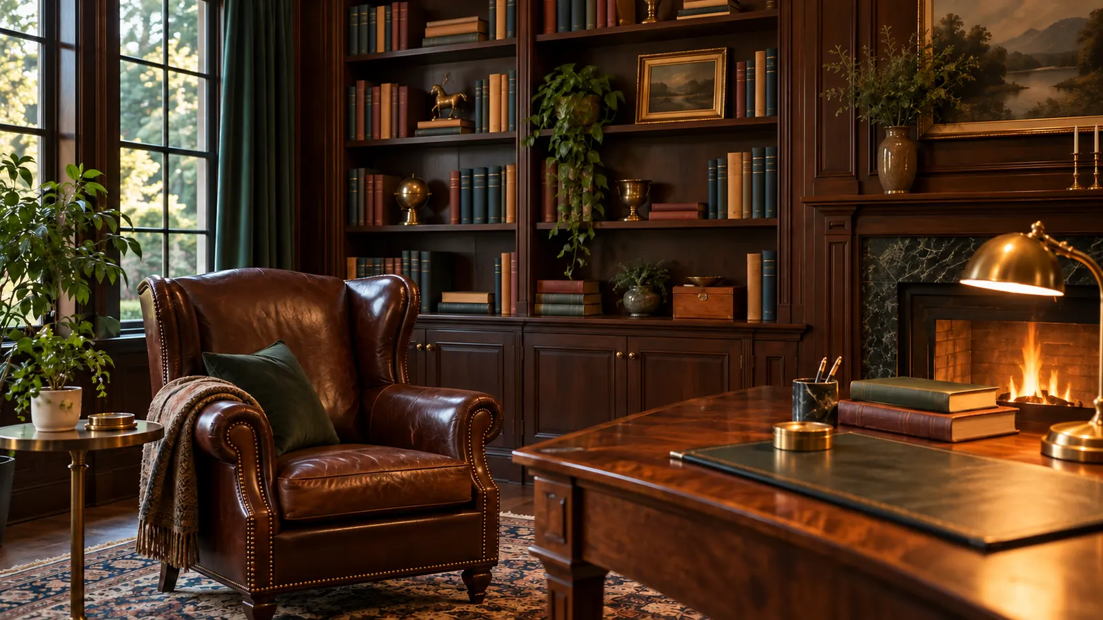 A classic library-style study with dark wood shelves, a leather armchair and a brass desk lamp glowing, no readable book spines