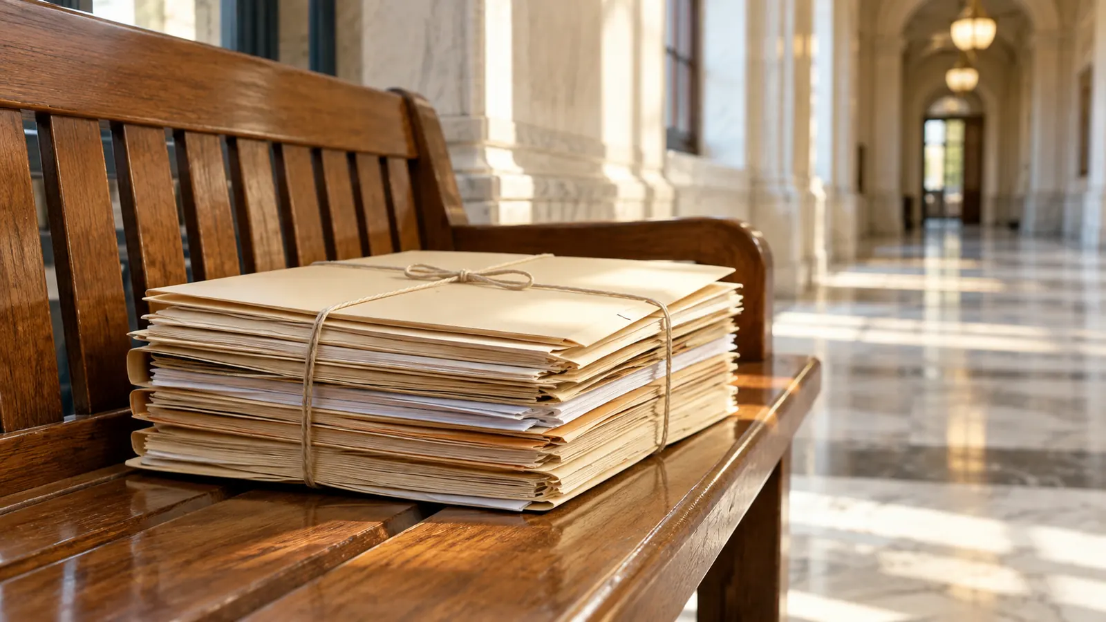 A neat stack of plain manila folders tied with string on a wooden bench in a bright government-style hallway, no signs