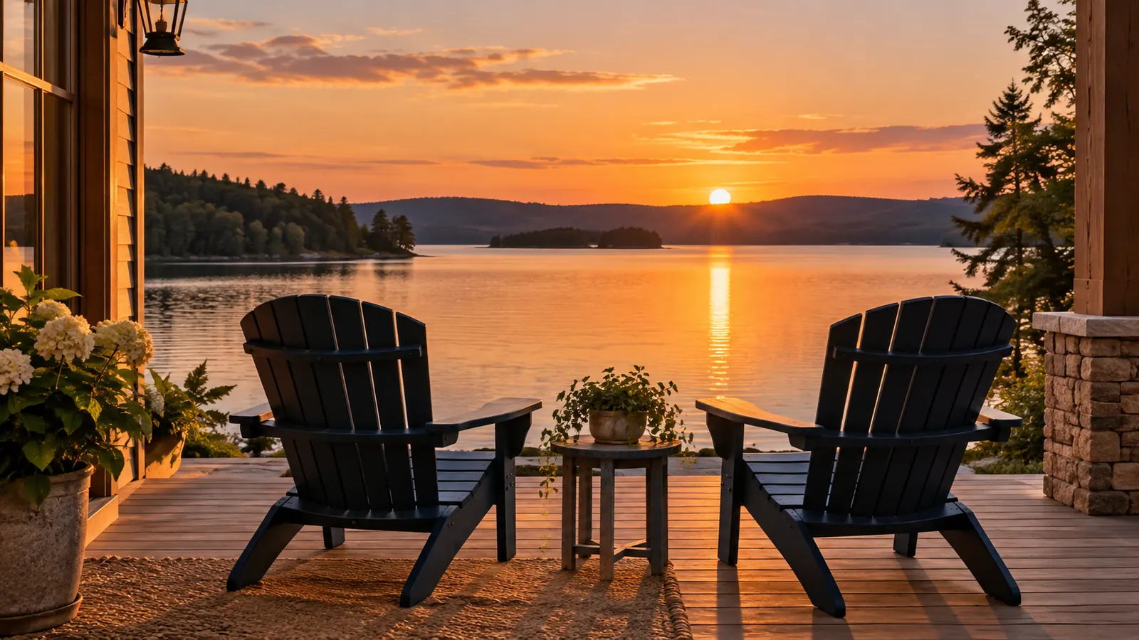 A quiet porch of a lake house with two Adirondack chairs facing calm water at sunset