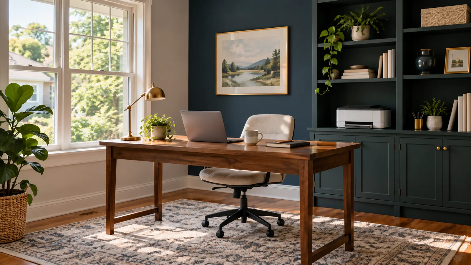 A small home office in a converted spare room with a plain desk, a printer with no logos, shelving and good natural light