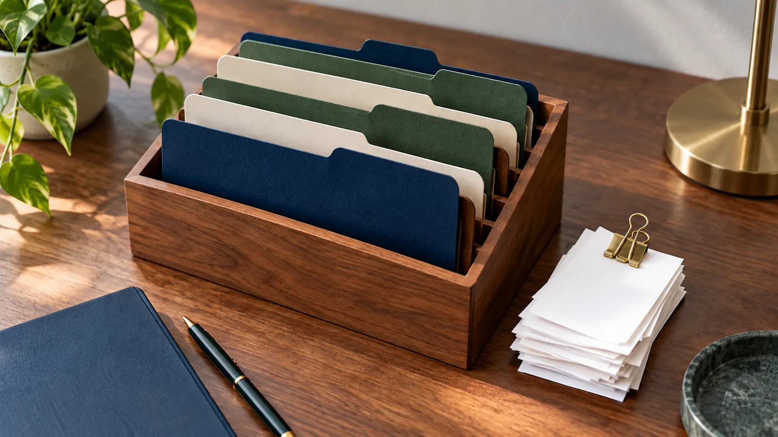 A wooden desk organizer with labeled-free folders and a small stack of blank receipts held by a binder clip