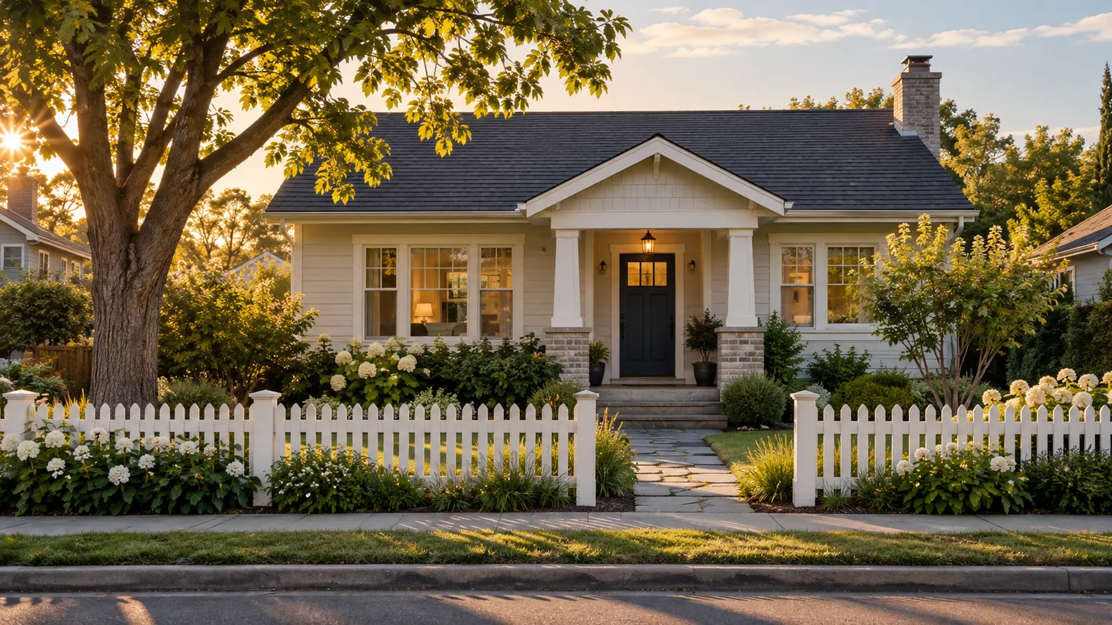A modest single-story home with a front garden and a white picket fence on a quiet street, late afternoon
