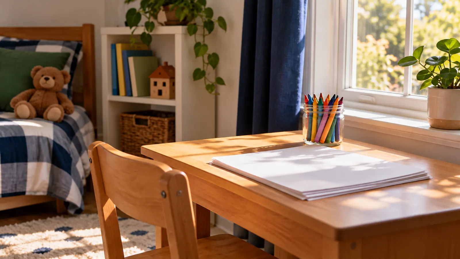 A child's room with a small desk, crayons in a jar and a stack of blank drawing paper, sunlight through the window