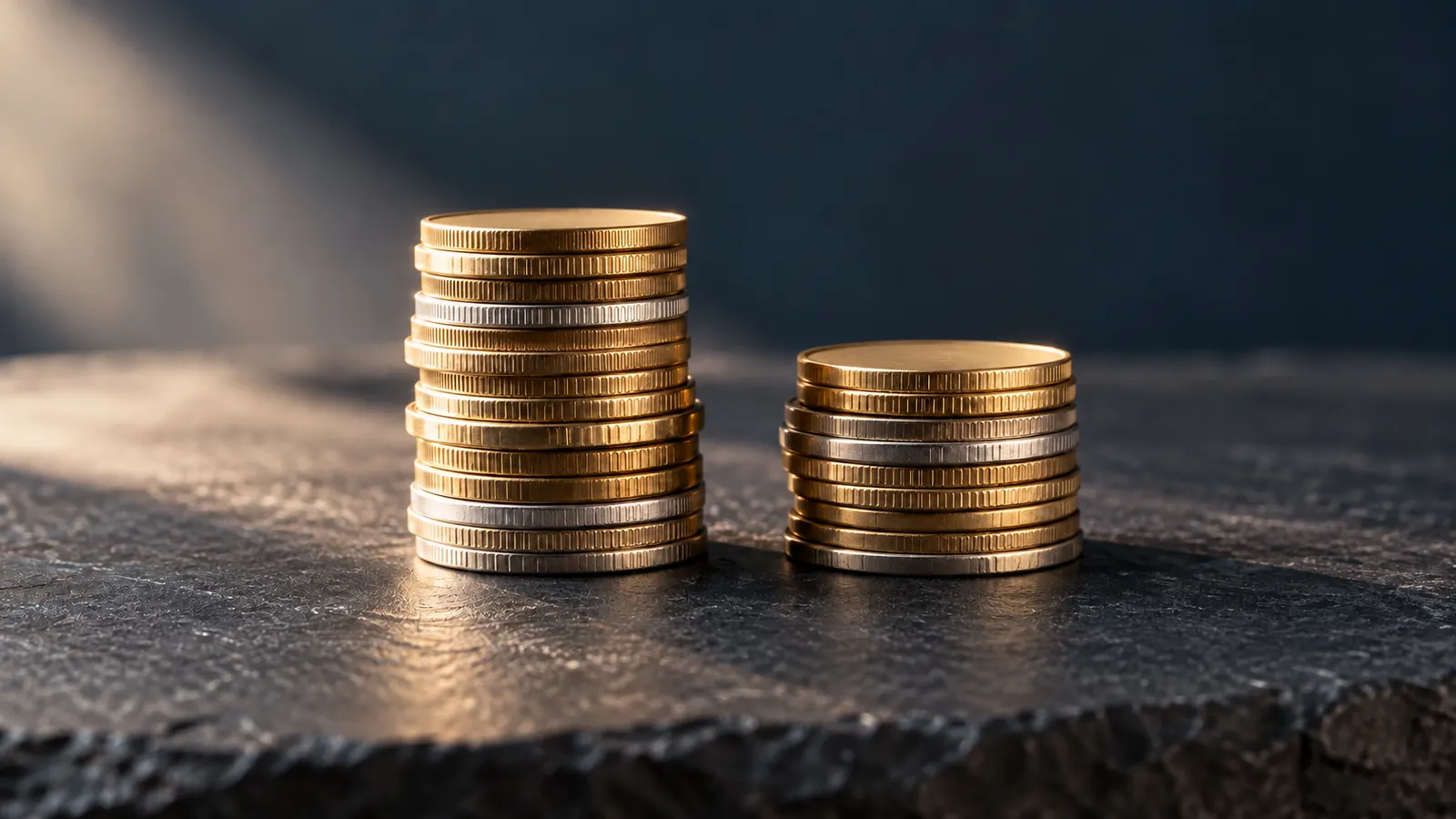 Two neat stacks of plain coins of different heights on a slate surface, one slightly taller, clean side light