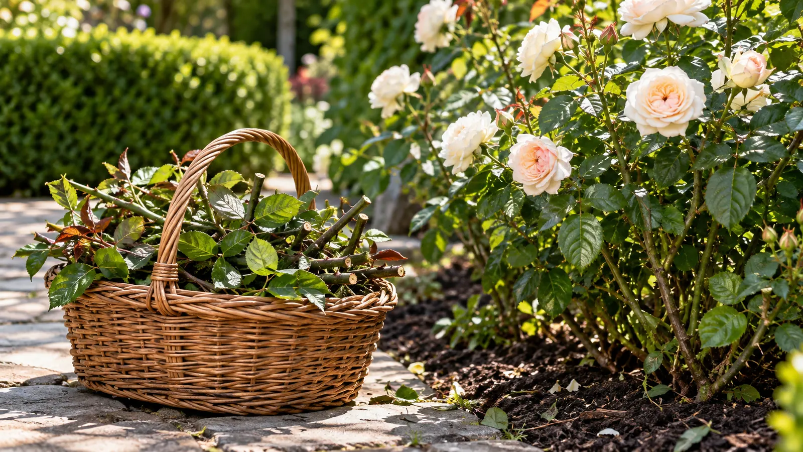 A gardener's basket of pruned branches beside a neatly trimmed rose bush in a sunny garden